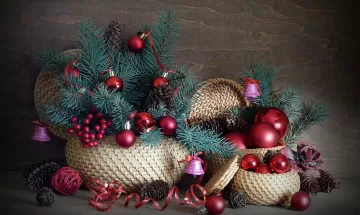 christmas decorations balloons thread needles cones bells baskets ribbon
